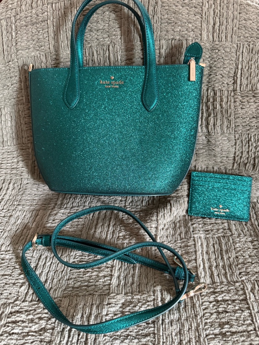 kate spade Teal Glitter Tote with Matching Card Holder
